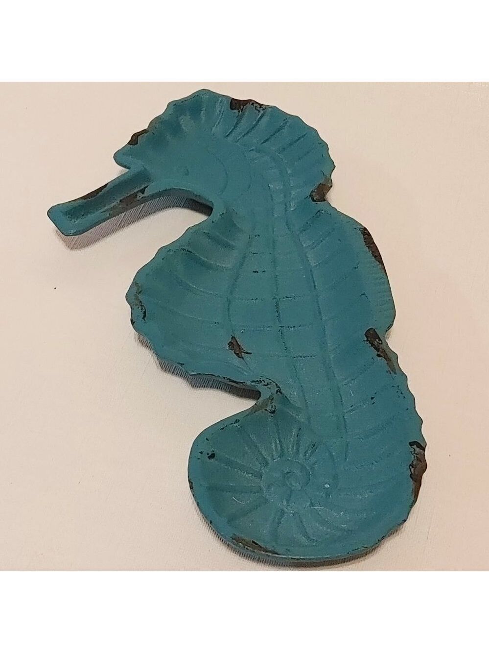 CUTE CAST IRON SEAHORSE TRINKET DISH TEAL